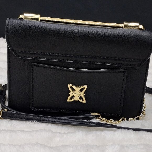 Handbags - BCBGMAXAZRIA Black Sling / Mini Satchel/Crossbody Bag with Gold Clover Logo